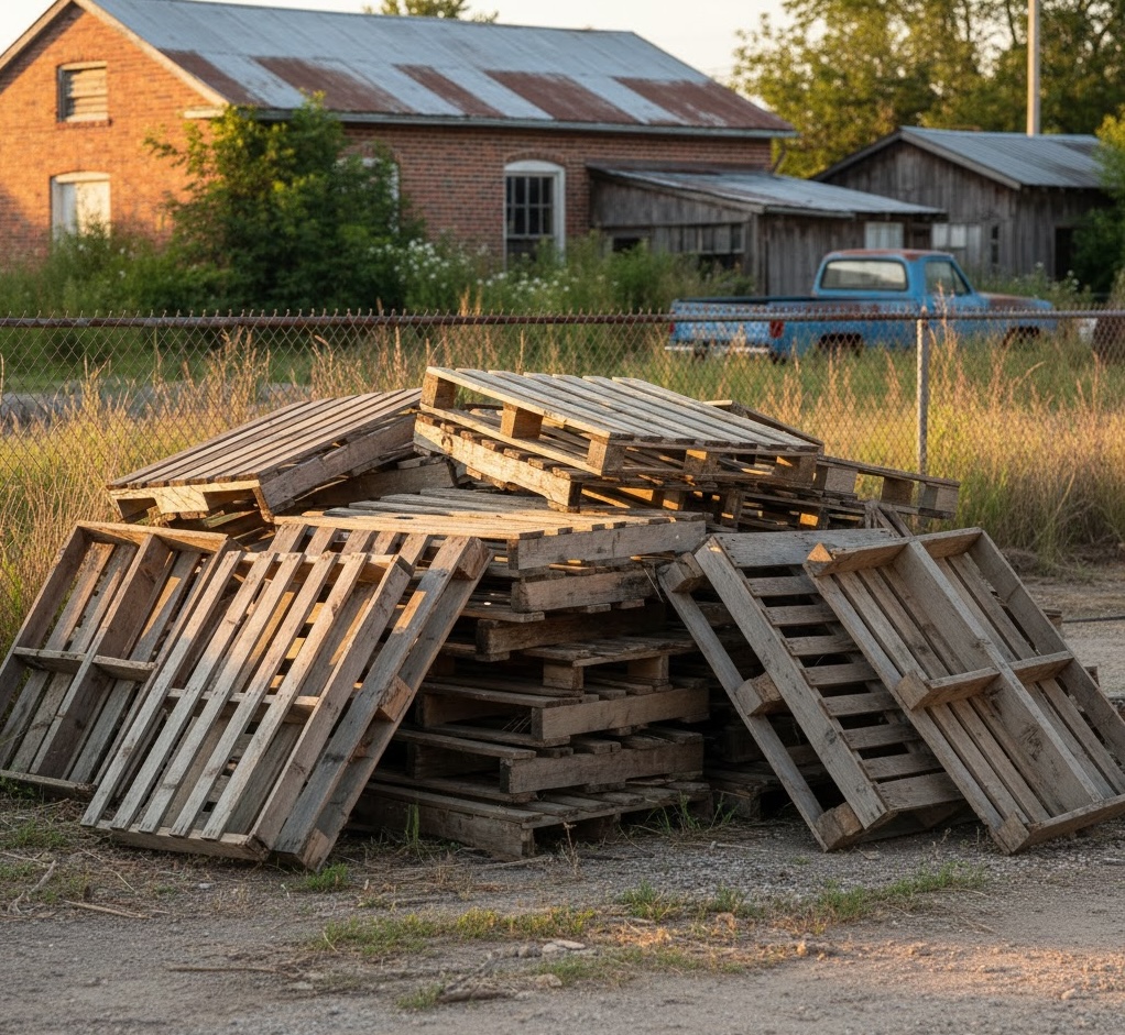 Large inventory of stacked used pallets